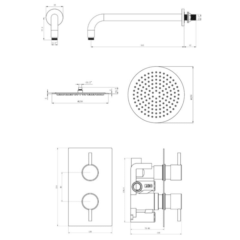 TB Round Concealed Thermostatic 2 Handle 1 Way Shower Kit (Wall) - (0009)