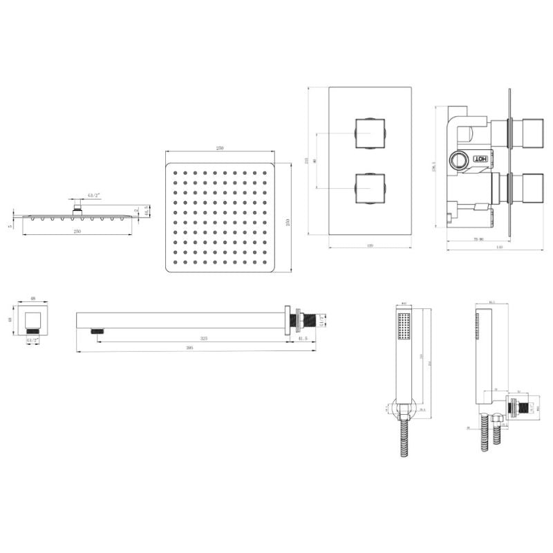TB Square Concealed Thermostatic 2 Handle 2 Way Shower Kit (Wall) - (0010)
