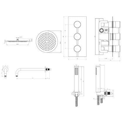 TB Round  Concealed Thermostatic 3 Handle 2 Way Shower Kit (Wall) - (0013)