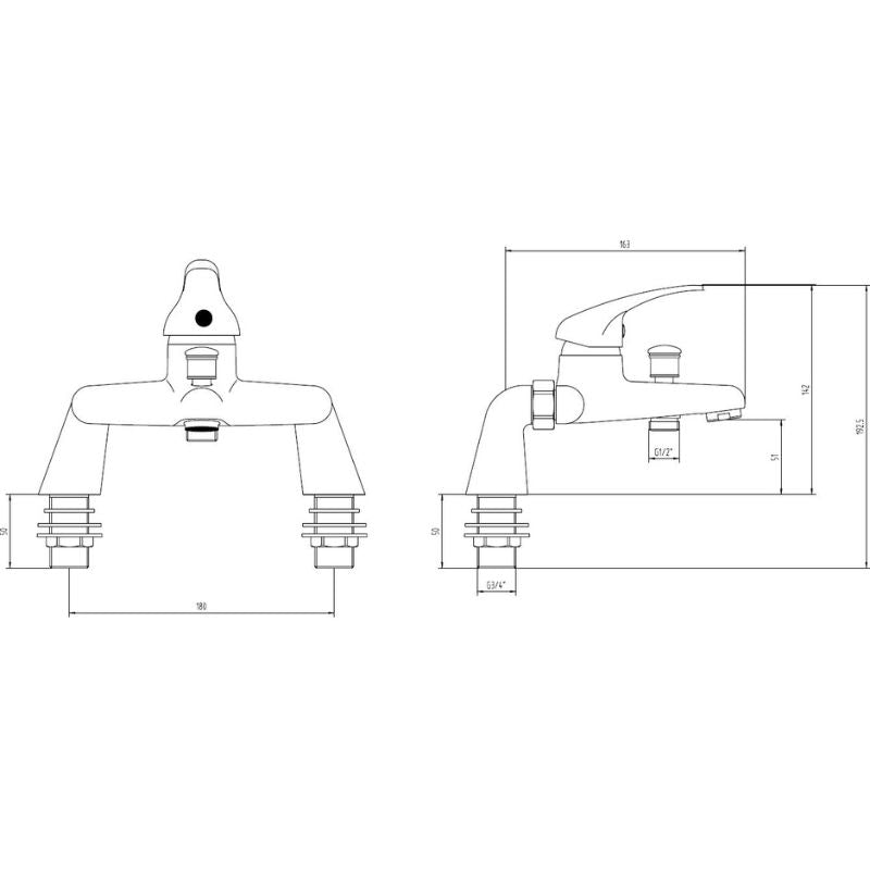 Tailored Plumb Essential Bath Shower Mixer Tap with Handset & Hose In Chrome Technical Drawing