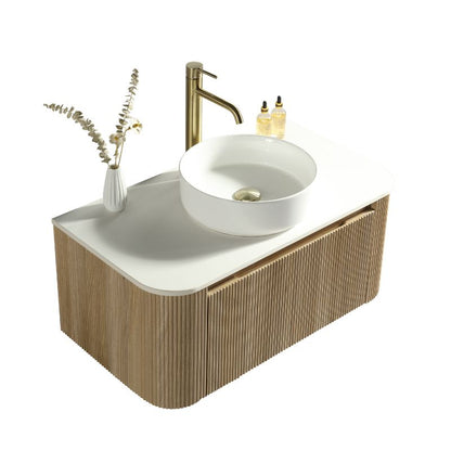 Tailored Flauto Oak Wall Hung Curved Corner Vanity Unit with Counter Top Basin
