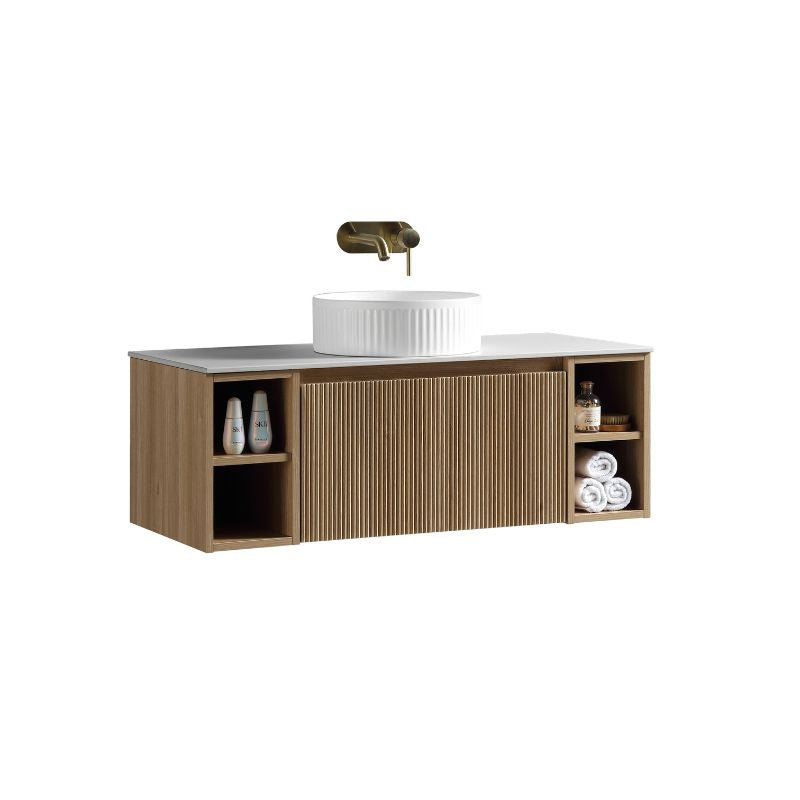 Tailored Flauto Country Oak Wall Hung Vanity Unit with Side Storage & Stone Top 1000 mm