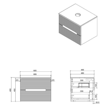 Tailored Monza Plus Fluted Wall Hung Vanity Unit with Counter Top Aloe Green/Country Oak Technical Drawing