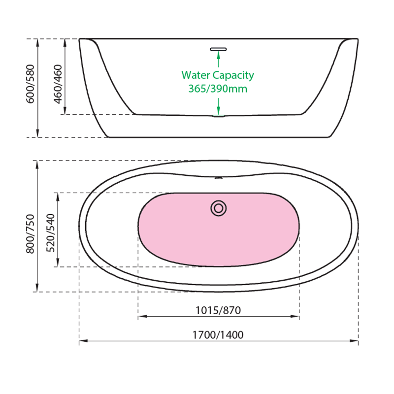 Charlotte Edwards Callisto Contemporary Double Ended Freestanding Bath Technical Drawings