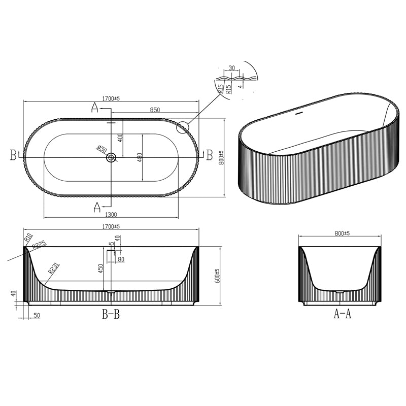 TB Flauto Matte White Freestanding Fluted Bath Included  White Waste