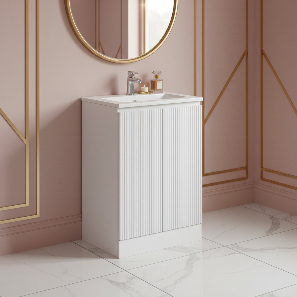 TB Plumb Essentials 600mm Fluted Double Door Floor Standing Vanity & Ceramic Basin (4376)