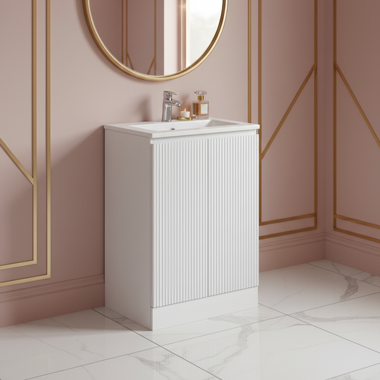 TB Plumb Essentials 600mm Fluted Double Door Floor Standing Vanity & Ceramic Basin (4376)
