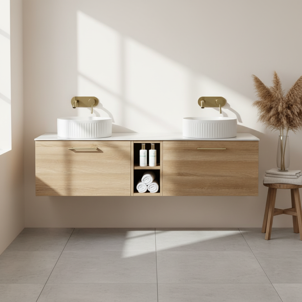 Tailored Bathrooms Piatta 1400mm Wall Hung Double Vanity w. Side Storage