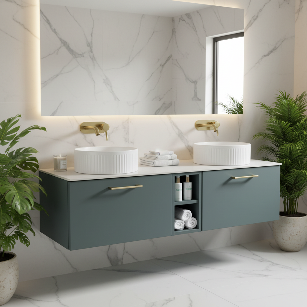 Tailored Bathrooms Piatta 1400mm Wall Hung Double Vanity w. Side Storage